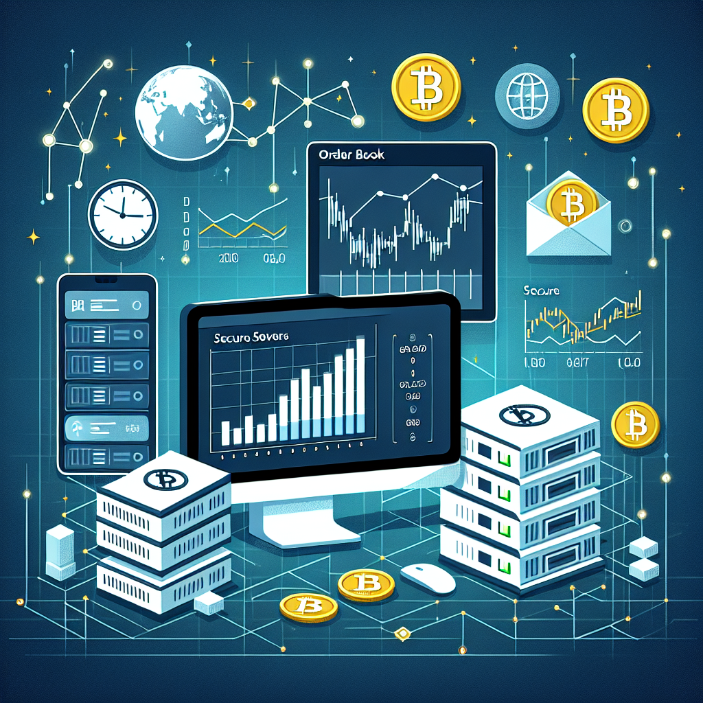 En modern illustration av en kryptobörs handelsplattform: digital orderbok, grafer och API-anslutningar, säkra servrar och nordisk designpalett.