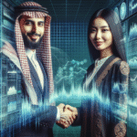 Affärspartners som skakar hand framför en modern digital kryptobörs-skärm, professionell stil, blå-grön färgpalett, högteknologisk känsla