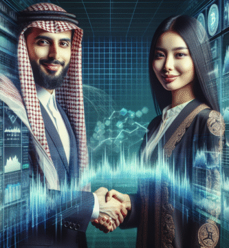 Affärspartners som skakar hand framför en modern digital kryptobörs-skärm, professionell stil, blå-grön färgpalett, högteknologisk känsla