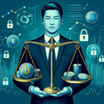 Professionell illustration av en kryptomäklare: balansvåg med kryptomynt, dataströmmar och lås-ikoner, modern blå-grön färgpalett, hög detaljeringsgrad