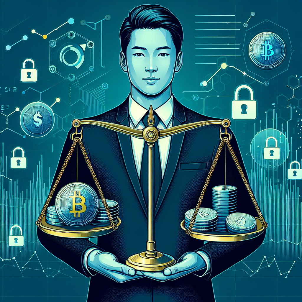 Professionell illustration av en kryptomäklare: balansvåg med kryptomynt, dataströmmar och lås-ikoner, modern blå-grön färgpalett, hög detaljeringsgrad